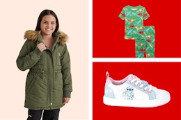Justice kids' coat, toddler dino pajamas, Disney's Stitch sneakers