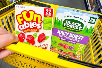 funables and black forest fruit snacks ina. yellow shopping basket