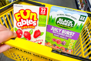 funables and black forest fruit snacks ina. yellow shopping basket