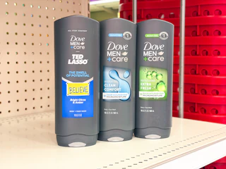 3 dove men+care body washes sitting on a target shelf