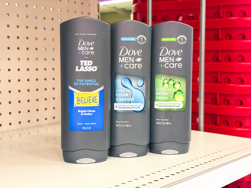 3 dove men+care body washes sitting on a target shelf