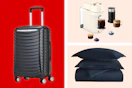 luggage, bedding, and a Nespresso machine in a collage 