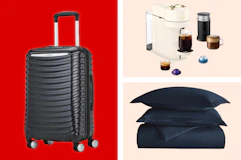 luggage, bedding, and a Nespresso machine in a collage 