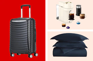 luggage, bedding, and a Nespresso machine in a collage 