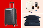 luggage, bedding, and a Nespresso machine in a collage