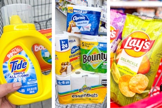 collage with tide simply, bounty, lay's