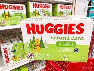 Huggies Natural Care Sensitive and Fragrance Free baby wipes in a Target shopping cart