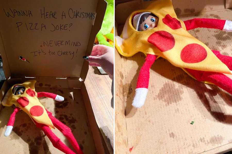 two images of an elf on the shelf in a pizza costume insdie an empty pizza box