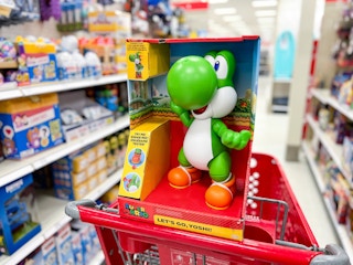 Nintendo Super Mario "Let's Go, Yoshi" Toy in Target shopping cart in toy isle