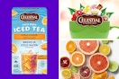 A box of Celestial Seasonings Iced Tea, a Celestial Seasonings logo, an assortment of citrus fruits