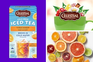 A box of Celestial Seasonings Iced Tea, a Celestial Seasonings logo, an assortment of citrus fruits