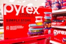 pyrex 18-piece storage set sitting on top of a target cart