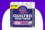 Stock image of the 24-mega-roll pack of Quilted Northern Toilet Paper