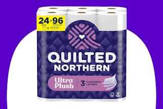 Stock image of the 24-mega-roll pack of Quilted Northern Toilet Paper