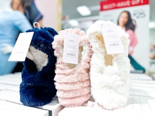 auden faux fur slippers sitting on a target shelf
