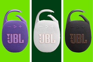 Purple, white, and black JBL portable wireless Bluetooth speakers on a light and dark green collage background.