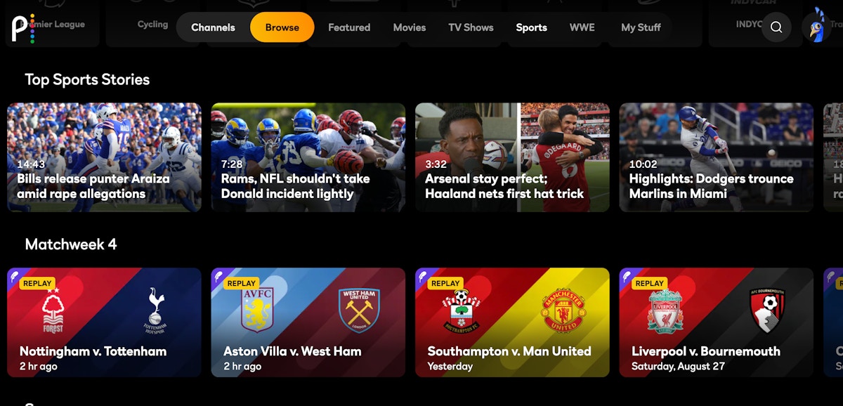 peacock tv sports page screenshot