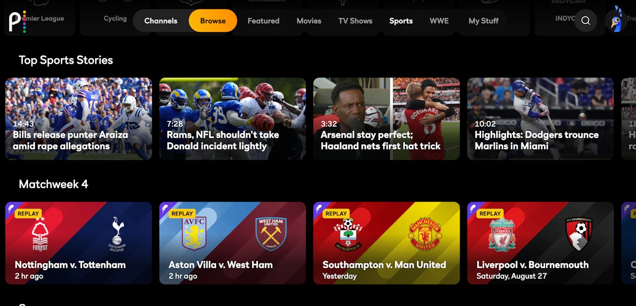 peacock tv sports page screenshot
