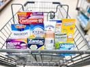 zantac, xyzal, cortizone, gold bond, aspercreme, icy hot, allegra, dulcolax, unisom, and nasacort in a cart