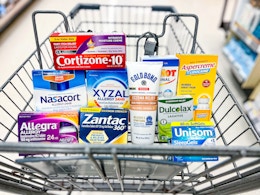 zantac, xyzal, cortizone, gold bond, aspercreme, icy hot, allegra, dulcolax, unisom, and nasacort in a cart