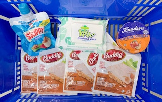 knudsen buddig kandoo and skippy in a walmart hand basket