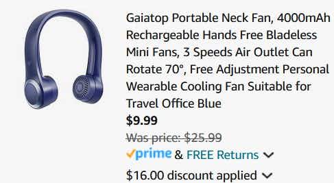 a portable neck fan price summary ending in $9.99