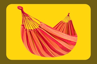 Stock image of orange/red/yellow Best Choice Products Hammock Bed over olive border background