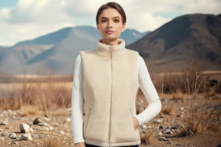Woman wearing the ELTENA Professional Women's Heated Fleece Vest outdoors.