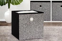 Lifestyle image of the Mainstays Black/White Boucle Cube Storage Bins in home setting 