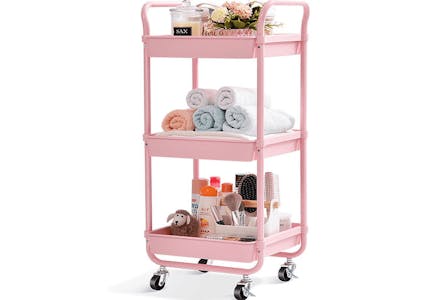Pink Metal 3-Tier Rolling Cart