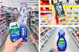 walgreens hello, oral-b, crest, palmolive 3-photo collage