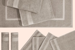 Stock image of the Mainstays 9-Piece Towel and Bath Mat Bundle in the color "Washed Stone"