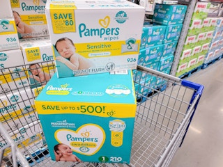 box of baby diapers and wipes in a cart