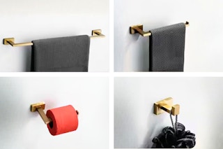 4 lifestyle images showcasing different pieces in the 5-Piece Bathroom Hardware Set (in Brushed Gold)