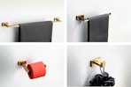 4 lifestyle images showcasing different pieces in the 5-Piece Bathroom Hardware Set (in Brushed Gold)