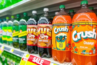 assorted soda 2-liters on store shelf