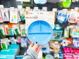 Munchkin Toddler Plate held up in baby aisle at Walmart