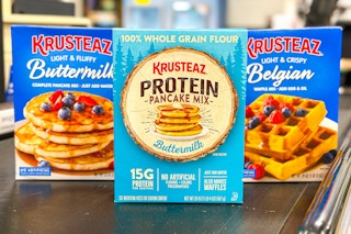 krusteaz pancake and waffle mixes on register belt