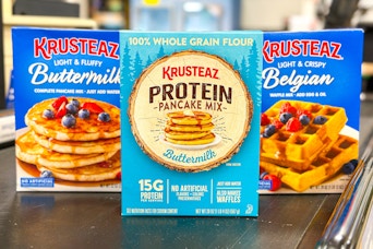 krusteaz pancake and waffle mixes on register belt