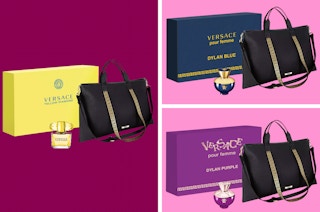 collage of versace perfumes and totes