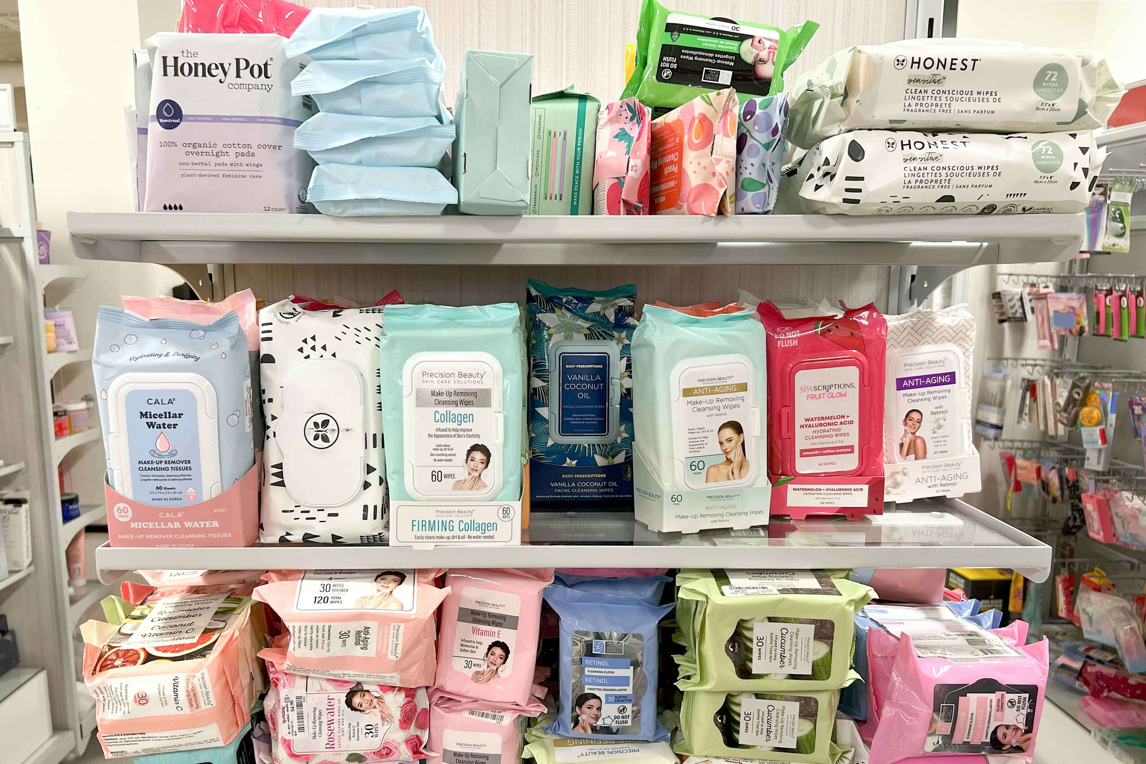 A store endcap with various brands facial wipes.