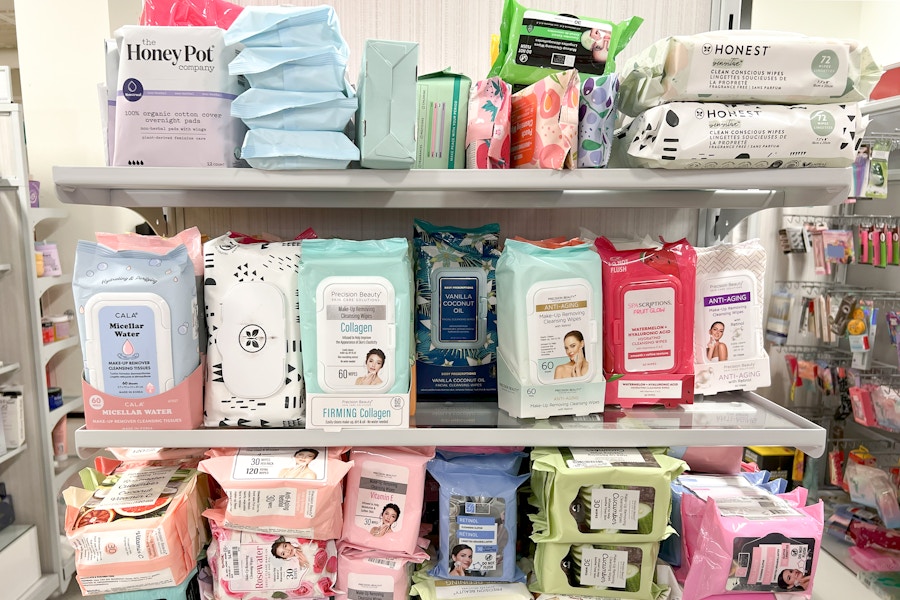 A store endcap with various brands facial wipes.