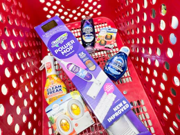swiffer, dawn, mr. clean, and febreze in a target cart