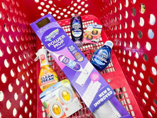 swiffer, dawn, mr. clean, and febreze in a target cart