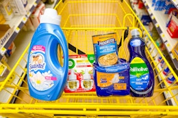 suavitel, breeze, palmolive, progresso, air wick products in a dollar general shopping cart