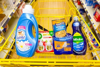 suavitel, breeze, palmolive, progresso, air wick products in a dollar general shopping cart