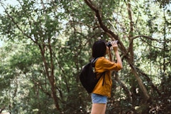 best binoculars for the money - Woman looking around in nature with binoculars