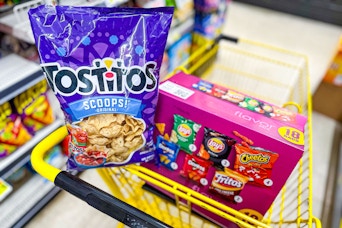 tostitos and frito lay chips in a dollar general shopping cart