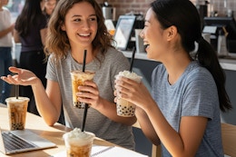women wearing amazon essentials tees at a boba shop