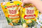 hand holding bags of new york bakery texas toast croutons